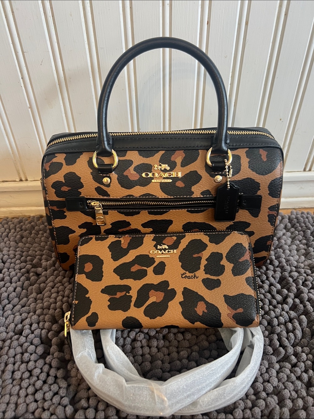 Coach Leopard-Print Satchel and Wallet in Tan and Black